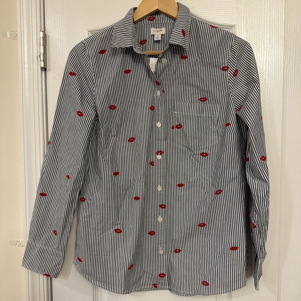 NWT J.Crew S Striped Button Front Shirt Red Lips Kiss Detail 100% Cotton